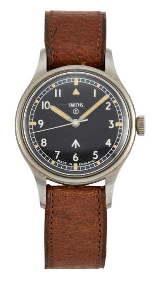 
	
		A stainless steel, British military issue W10 wristwatch by Smiths, the black enamel dial...