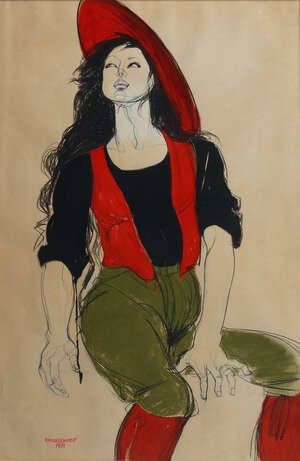 Jo Brocklehurst, 
		British 1935-2006- 
		 
		Woman in a red hat; 
		 
		Conte, pastel, and watercolor on beige paper, signed and dated 1981, 83x58cm (A