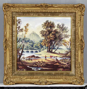 
	
		J Beard, 19th century school, a porcelain plaque painted with a cattle herder within an...