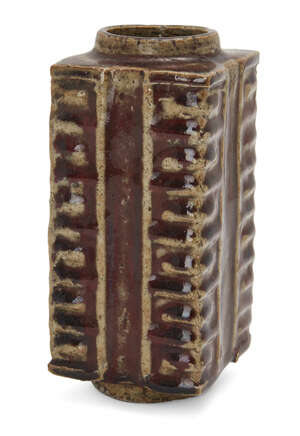 
	
		A Chinese porcelain red-glazed square vase, cong, 19th century, of rectangular form,...