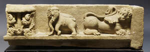 
	
		A large sandstone frieze, carved in relief with an elephant and tiger, India, 17th...