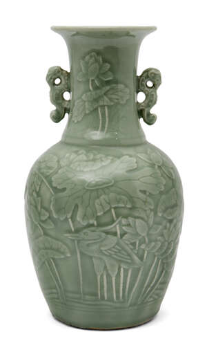 
	
		A Chinese porcelain celadon baluster vase, 19th century, with moulded decoration...