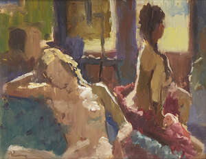 
	
		Modern British School, 
		late 20th century- 
		 
		Two female nudes in an interior;...