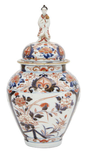 
	
		Japanese Imari lidded jar, late 17th century, decorated flora and fauna, lid with bijin...