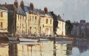 
	
		Roy Petley, 
		British b.1950 - 
		 
		Quayside; 
		 
		oil on board, signed lower...