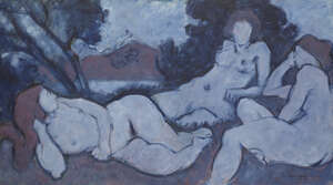 
	
		Fyffe Christie, 
		British 1918-1979 - 
		 
		Three Figures by a Lake, 1975; 
		 
		oil...