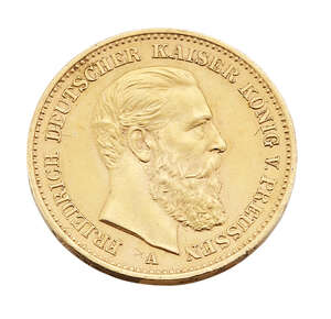A gold coin brooch, the German 20 mark, 1888, to soldered brooch mount
		 
		Provence: The Herbert Kennard Collection