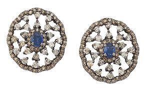 
	
		A pair of sapphire, diamond and coloured diamond oval cluster earstuds, each designed as...