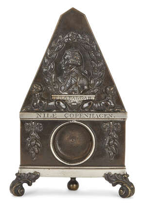 
	
		A Regency patinated and silvered bronze Battle of  Trafalgar commemorative pocket watch...