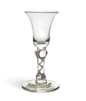 
	
		A George II drinking glass, c.1750, with inverted bell form bowl to knopped stem, with...