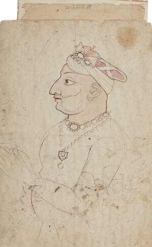 
	
		Four drawings of noblemen, North and Central India, 19th century, pencil on paper,...