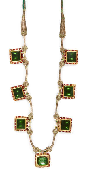 
	
		An early 20th century emerald set enamelled gold necklace, Jaipur, India, comprised of...
