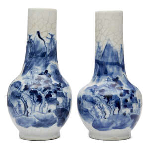 
	
		A pair of Chinese porcelain small bottle vases, late Qing dynasty, painted in underglaze...
