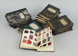 
	
		A collection of twenty personal fabric sample notebooks with small labelled samples of...