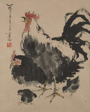 
	
		A Japanese brush painting of a cockerel, late 19th/early 20th century, ink and colour on...