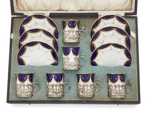 
	
		A cased silver mounted Coalport coffee set, early 20th century, comprising six coffee...