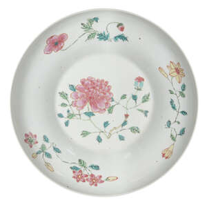 
	
		A Chinese porcelain dish, 20th century, painted in famille rose enamels with sprays of...