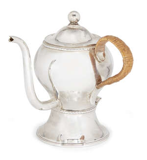 A silver plated argyll, unmarked, of plain rounded form with a wicker bound side handle and curved spout, the pull-off lid with globular finial to gadroon rim,