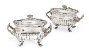 A pair of George III Scottish silver sauce tureens, Edinburgh, c.1809, George Fenwick, of shaped rectangular form with angular reeded handles and half-lobed bo