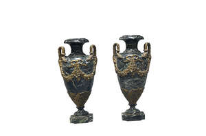 
	
		A pair of large French gilt-bronze mounted verde antico marble urns, early 20th century,...
