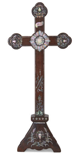 
	
		A Chinese rosewood and mother-of-pearl inlaid cross, 18th century, decorated with lotus...