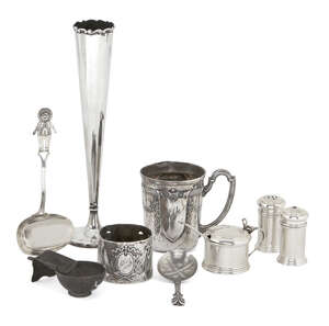 
	
		A group of small silver comprising: a three-piece silver condiment set, Birmingham,...