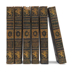
	
		BYRON, (G. G.), THE WORKS OF LORD BYRON, 6 Vols., gilt highlighted green leather boards,...