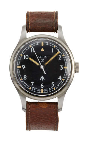 
	
		A stainless steel, British military issue W10 wristwatch by Smiths, the black enamel dial...