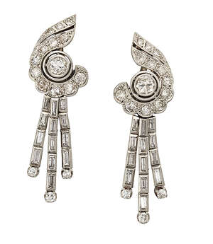 
	
		A pair of platinum, diamond drop earclips, each designed as a circular-cut diamond scroll...