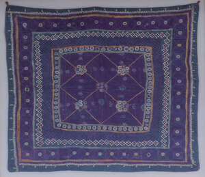 
	
		An Indian square embroidered textile, 20th century, worked in bands of purple and green,...