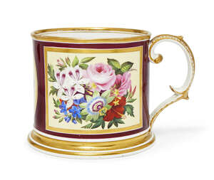 
	
		A large Staffordshire porcelain mug, 19th century, decorated with an oval reserve of an...