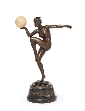 
	
		Maurice Guiraud-Riviere (1891-1947), an Art Deco patinated bronze with marble ball and...