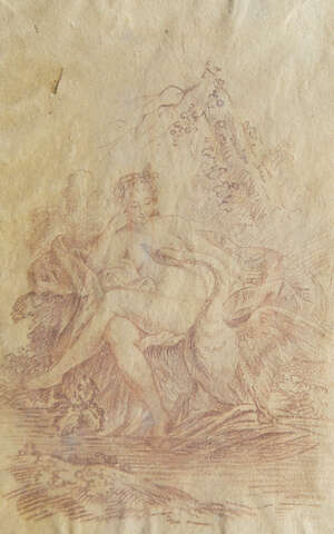 
	
		British School, late 19th century- Female nude with a swan by the banks of a river; red...