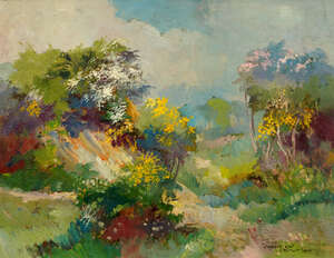 
	
		Robert Dumont-Smith, 
		British 1908-?-
		 
		Garden landscape; 
		 
		oil on board,...