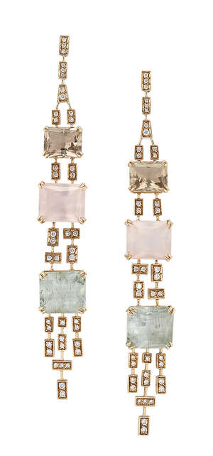 
	
		 A pair of diamond and gem drop earrings, each designed as a claw-set rectangular...