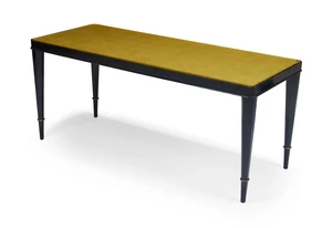 A French gilt-brass mounted ebonised coffee table, second quarter 20th century, with gilt painted top, on octagonal tapering legs, 48cm high, 110cm wide, 44cm 