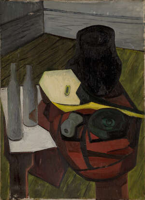 
	
		Kathe Strenitz RE, 
		British 1923-2017 - 
		 
		Still life with two bottles and a...