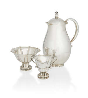 
	
		Georg Jensen, a silver three-piece matched Coffee set
		c.1925, All with various pre-war...