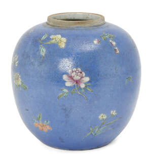 
	
		A Chinese porcelain jar, 19th century, painted in famille rose enamels with flowering...