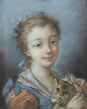 
	
		After Francois Boucher, 
		French 1703-1770- 
		La Fille au Chat; 
		pastel, bears...