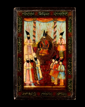 A rectangular lacquered papier-m&acirc;ch&eacute; mirror case,&nbsp;Qajar Iran, late19th/early 20th century,&nbsp;
The...