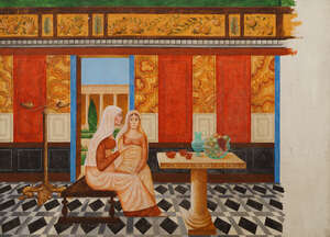 
	
		Mid-Late 20th Century- Two women in a Roman villa interior; tempera and oil on board,...
