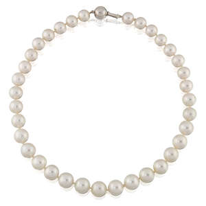 
	
		A cultured pearl necklace, the single row graduating from approximately 12.8 to 10.9mm,...