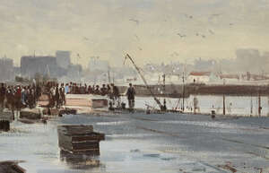 
	
		Roy Petley, 
		British b.1950 - 
		 
		Quayside; 
		 
		oil on board, signed lower...