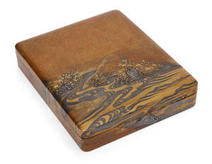 
	
		A Japanese lacquer suzuri-bako, Meiji period, decorated with waves against takamaki-e...