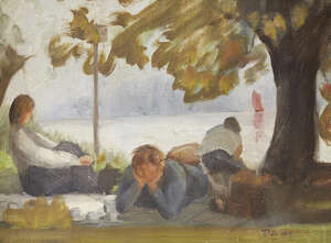 
	
		Anthony Devas, 
		British 1911-1958 - 
		River through woodland; 
		oil on unstretched...