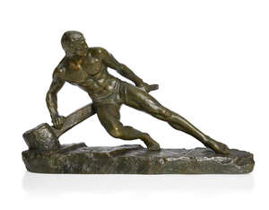
	
		Pierre Le Faguays (1892-1962), an Art Deco dark green patinated bronze 'The Lock'  
		