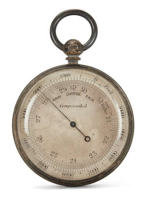 
	
		An English silver aneroid pocket barometer, the case by Albert Thomas Oliver, London,...