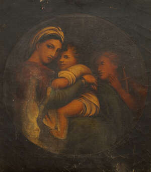 
	
		After Raphael, Italian 1483-1520- Madonna della Seggiola; oil on canvas, feigned tondo,...