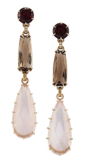 
	
		A pair of multi-gem and diamond drop earrings, each designed as a single claw pear-shaped...